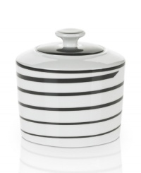 Have fun with the spiral design and serious durability of Mikasa's Cheers sugar bowl. Bone china in black and white caters modern tables with a sense of whimsy. (Clearance) Have fun with the spiral design and serious durability of Mikasa's Cheers sugar bowl. Bone china in black and white caters modern tables with a sense of whimsy. (Clearance)