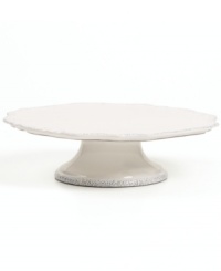 A delicate scalloped edge with distressed detail gives the Blanc cake stand the classic, romantic feel of Versailles Maison's charming dinnerware collection. A delicate scalloped edge with distressed detail gives the Blanc cake stand the classic, romantic feel of Versailles Maison's charming dinnerware collection.