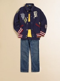 A traditional varsity jacket is accented with contrasting stripes, applied numbers and collegiate patches for a heritage look.Stand collarLong sleevesSnap-frontSide slash pocketsRibbed cuffs and hemCottonMachine washImported Please note: Number of snaps may vary depending on size ordered. A traditional varsity jacket is accented with contrasting stripes, applied numbers and collegiate patches for a heritage look.Stand collarLong sleevesSnap-frontSide slash pocketsRibbed cuffs and hemCottonMachine washImported Please note: Number of snaps may vary depending on size ordered.