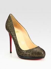 Italian leather heel and platform support a glittering, metallic Lurex silhouette. Leather heel, 4½Leather platform, ½Compares to a 3½ heelGlitter and metallic Lurex-covered leather upperLeather liningSignature red leather solePadded insoleMade in Italy Italian leather heel and platform support a glittering, metallic Lurex silhouette. Leather heel, 4½Leather platform, ½Compares to a 3½ heelGlitter and metallic Lurex-covered leather upperLeather liningSignature red leather solePadded insoleMade in Italy