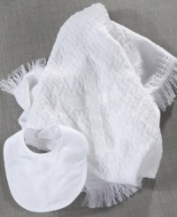 This knit christening blanket and bib is as pure as the baby wrapped up in it. A beautiful gift for the most beautiful time in a baby's life. This knit christening blanket and bib is as pure as the baby wrapped up in it. A beautiful gift for the most beautiful time in a baby's life.