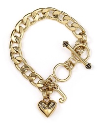 Juicy Couture mini link chain bracelet is a perfect starter bracelet. J and puff heart charm hang off a goldtone chain. Juicy Couture mini link chain bracelet is a perfect starter bracelet. J and puff heart charm hang off a goldtone chain.