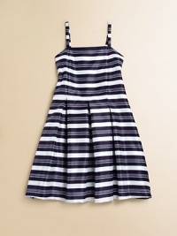 She'll be the belle of the ball in this flouncy, frilly, striped frock.SquareneckSpaghetti strapsHidden back zipperPleated, full skirtPolyester shantungMachine wash; dry flatImported She'll be the belle of the ball in this flouncy, frilly, striped frock.SquareneckSpaghetti strapsHidden back zipperPleated, full skirtPolyester shantungMachine wash; dry flatImported