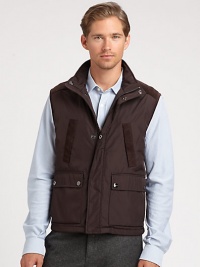Suede accents lend a refreshing twist to this rustic-inspired style, shaped in sleek silhouette for the modern gentleman of style.Zip frontSnap-button placketSlashed chest, waist flap pocketsPolyesterDry cleanImported Suede accents lend a refreshing twist to this rustic-inspired style, shaped in sleek silhouette for the modern gentleman of style.Zip frontSnap-button placketSlashed chest, waist flap pocketsPolyesterDry cleanImported
