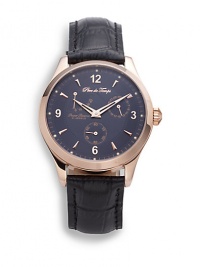 THE LOOKRound rose goldtone stainless steel case, 38mm (1.5)Smooth bezelBlack multi-function dialNumeral and bar hour markersTransparent case backBlack croc-print leather strapWater resistant to 3 ATMTHE MATERIALRose goldtone stainless steelCroc-print leatherORIGINImported THE LOOKRound rose goldtone stainless steel case, 38mm (1.5)Smooth bezelBlack multi-function dialNumeral and bar hour markersTransparent case backBlack croc-print leather strapWater resistant to 3 ATMTHE MATERIALRose goldtone stainless steelCroc-print leatherORIGINImported
