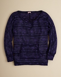 Slouchy trend perfection teams up with cool-hued stripes on this Norwegian slub loose-knit sweater. And there's a surprise design element at the back: a vertical seam that creates offset stripes. Slouchy trend perfection teams up with cool-hued stripes on this Norwegian slub loose-knit sweater. And there's a surprise design element at the back: a vertical seam that creates offset stripes.
