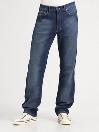 A favorite fit destined to never go out of style, crafted with straight legs and a hint of stretch ease in medium-washed denim. Five-pocket style Zip fly Inseam, about 34 98% cotton/2% elastane; machine wash Imported A favorite fit destined to never go out of style, crafted with straight legs and a hint of stretch ease in medium-washed denim. Five-pocket style Zip fly Inseam, about 34 98% cotton/2% elastane; machine wash Imported