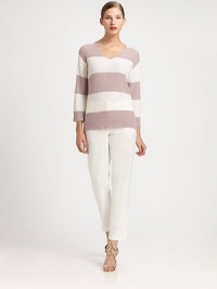 Bold stripes band the body of this softly knit wool pullover.V necklineBracelet sleevesRib-knit cuffs and hemVented hemlineWool/viscoseDry cleanImportedModel shown is 5'10 (177cm) wearing US size Small. Bold stripes band the body of this softly knit wool pullover.V necklineBracelet sleevesRib-knit cuffs and hemVented hemlineWool/viscoseDry cleanImportedModel shown is 5'10 (177cm) wearing US size Small.