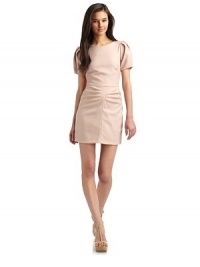 THE LOOKRoundneckPuffed short sleevesBack zip closureBust dartsStructured ruched skirtTHE FITAbout 34 from shoulder to hemTHE MATERIAL96% wool/4% nylonFully linedCARE & ORIGINDry cleanMade in USAModel shown is 5'10 (177cm) wearing US size 4. THE LOOKRoundneckPuffed short sleevesBack zip closureBust dartsStructured ruched skirtTHE FITAbout 34 from shoulder to hemTHE MATERIAL96% wool/4% nylonFully linedCARE & ORIGINDry cleanMade in USAModel shown is 5'10 (177cm) wearing US size 4.