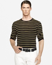 Accented with sleek stripes and handsome buttons at the shoulder, this long-sleeved crewneck tee is tailored for a trim, modern fit from fine-ribbed, mercerized cotton. Accented with sleek stripes and handsome buttons at the shoulder, this long-sleeved crewneck tee is tailored for a trim, modern fit from fine-ribbed, mercerized cotton.