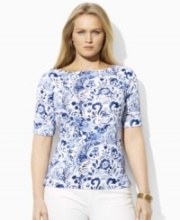 A chic boat neckline infuses the classic cotton plus size tee from Lauren by Ralph Lauren with breezy, relaxed style. A chic boat neckline infuses the classic cotton plus size tee from Lauren by Ralph Lauren with breezy, relaxed style.