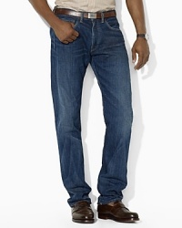 Constructed for a relaxed, classic fit in rich indigo denim, this sleek, modern jean is finished with subtle creasing and fading for a hint of well-worn comfort. Constructed for a relaxed, classic fit in rich indigo denim, this sleek, modern jean is finished with subtle creasing and fading for a hint of well-worn comfort.