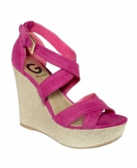 Light up your day with criss crossing straps. G by Guess' Lasino platform wedge sandals are strappy and stylish, yet completely walkable. The perfect cute shoe for a summer stroll. Light up your day with criss crossing straps. G by Guess' Lasino platform wedge sandals are strappy and stylish, yet completely walkable. The perfect cute shoe for a summer stroll.