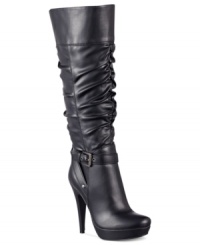 Start with the sexy stiletto and work your way up. From the buckle detail at the ankle to the ruching along the shaft, G by GUESS' Dorbii platform dress boots are a certified winner. Start with the sexy stiletto and work your way up. From the buckle detail at the ankle to the ruching along the shaft, G by GUESS' Dorbii platform dress boots are a certified winner.