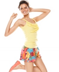 Have a sunny and fun day in Jenni's yellow tank and boxers set. The yellow tank features a pretty ruffle detail in the front while the comfy shorts feature a bright tropical print and an elastic waistband with drawstring.
