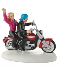 A couple of bikers pull up outside the Harley-Davidson Road House, a favorite destination in the fun-loving town of Snow Village. By Department 56. A couple of bikers pull up outside the Harley-Davidson Road House, a favorite destination in the fun-loving town of Snow Village. By Department 56.