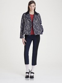 Textural, graphically patterned jacquard, offset by a sleek contrasting back collar panel.Contrast back collarNotched lapelsDropped shoulderConcealed button frontWelt pocketsBody: 44% nylon/23% polyester/23% acrylic/10% woolCollar: 70% wool/20% nylon/10% cashmereDry cleanMade in Italy of imported fabricModel shown is 5'11 (180cm) wearing US size 4. Textural, graphically patterned jacquard, offset by a sleek contrasting back collar panel.Contrast back collarNotched lapelsDropped shoulderConcealed button frontWelt pocketsBody: 44% nylon/23% polyester/23% acrylic/10% woolCollar: 70% wool/20% nylon/10% cashmereDry cleanMade in Italy of imported fabricModel shown is 5'11 (180cm) wearing US size 4.