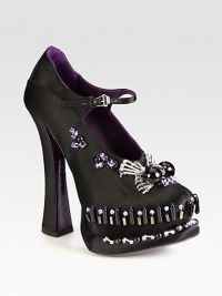 Rhinestone-covered satin silhouette, with a high vamp, adjustable strap and intricate beading. Self-covered heel, 5¾ (145mm)Covered platform, 1¾ (45mm)Compares to a 4 heel (100mm)Rhinestone and bead-covered satin upperLeather lining and solePadded insoleMade in Italy Rhinestone-covered satin silhouette, with a high vamp, adjustable strap and intricate beading. Self-covered heel, 5¾ (145mm)Covered platform, 1¾ (45mm)Compares to a 4 heel (100mm)Rhinestone and bead-covered satin upperLeather lining and solePadded insoleMade in Italy
