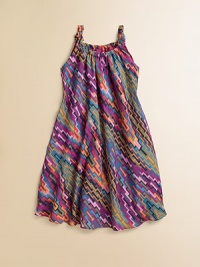A rainbow of colors is splashed on this printed tencel frock with knotted straps and a full, swinging skirt.Round elastic necklineSleevelessFull skirtFully linedPolyester crepeMachine washImported A rainbow of colors is splashed on this printed tencel frock with knotted straps and a full, swinging skirt.Round elastic necklineSleevelessFull skirtFully linedPolyester crepeMachine washImported