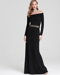 Long and lean, Halston Heritage's off-the-shoulder dress lends a dramatic look to the evening's events. Long and lean, Halston Heritage's off-the-shoulder dress lends a dramatic look to the evening's events.