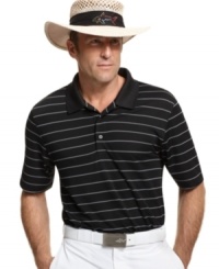 Master those eighteen holes in first class style with this striped performance polo from Greg Norman for Tasso Elba. Master those eighteen holes in first class style with this striped performance polo from Greg Norman for Tasso Elba.