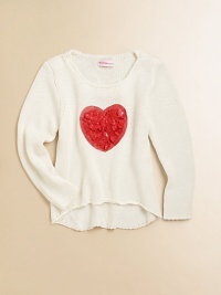 Sending hearts aflutter, this cute plush knit features a trendy hi-lo hem and tender appliqué.ScoopneckLong sleevesPullover styleHi-lo hem95% viscose/5% spandexHand washImported Sending hearts aflutter, this cute plush knit features a trendy hi-lo hem and tender appliqué.ScoopneckLong sleevesPullover styleHi-lo hem95% viscose/5% spandexHand washImported