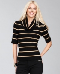 Cuff 'em! INC's metallic-stripe petite sweater features rhinestone buttons at the sleeves for added sparkle. Cuff 'em! INC's metallic-stripe petite sweater features rhinestone buttons at the sleeves for added sparkle.