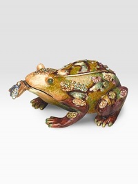 This delightfully mottled enamel frog, with Swarovski crystal accents, has a handy measuring tape where his tongue ought to be. Brass-plated pewter with handcrafted enamel and crystal 2W X 1¼H X 2¾L Made in USA This delightfully mottled enamel frog, with Swarovski crystal accents, has a handy measuring tape where his tongue ought to be. Brass-plated pewter with handcrafted enamel and crystal 2W X 1¼H X 2¾L Made in USA
