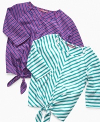 Freshen up her wardrobe with this bright striped shirt from Epic Threads that features a cute tie front detail. Freshen up her wardrobe with this bright striped shirt from Epic Threads that features a cute tie front detail.