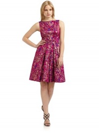 THE LOOKSleevelessFitted bodiceBelted detail at waistPleated, A-line skirtSide slash pocketsConcealed back zip with hook-and-eye closureMetallic gold floral pattern throughoutTHE FITAbout 38 from shoulder to hemTHE MATERIAL62% acetate/32% nylon/6% polyesterFully linedCARE & ORIGINDry cleanImportedModel shown is 5'10 (177cm) wearing US size 4. THE LOOKSleevelessFitted bodiceBelted detail at waistPleated, A-line skirtSide slash pocketsConcealed back zip with hook-and-eye closureMetallic gold floral pattern throughoutTHE FITAbout 38 from shoulder to hemTHE MATERIAL62% acetate/32% nylon/6% polyesterFully linedCARE & ORIGINDry cleanImportedModel shown is 5'10 (177cm) wearing US size 4.