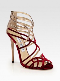 Bands of lush velvet and metallic leather form this strappy shape for a cha-cha-cha effect. Lacquered heel, 5 (125mm)Velvet and metallic leather upperBack zipLeather lining and solePadded insoleMade in ItalyOUR FIT MODEL RECOMMENDS ordering one half size up as this style runs small. Bands of lush velvet and metallic leather form this strappy shape for a cha-cha-cha effect. Lacquered heel, 5 (125mm)Velvet and metallic leather upperBack zipLeather lining and solePadded insoleMade in ItalyOUR FIT MODEL RECOMMENDS ordering one half size up as this style runs small.