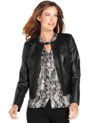 Lend instant edge to your look this season with Jones New York Signature's faux leather petite jacket! Lend instant edge to your look this season with Jones New York Signature's faux leather petite jacket!