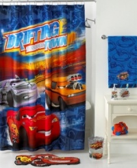 Speed through your bath routine with this fun shower curtain featuring Lightning McGee and characters from the hit Disney Pixar movie, Cars, drifting through town. Speed through your bath routine with this fun shower curtain featuring Lightning McGee and characters from the hit Disney Pixar movie, Cars, drifting through town.