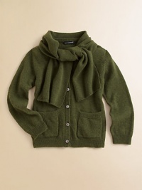 A plush, ultra-luxe, button-front knit with an attached scarf and patch pockets.Scarf collarLong sleevesButton-frontFront patch pocketsRibbed cuffs and hem40% wool/25% polyamide/25% rayon/10% cashmereHand washMade in Italy Please note: Number of buttons may vary depending on size ordered. A plush, ultra-luxe, button-front knit with an attached scarf and patch pockets.Scarf collarLong sleevesButton-frontFront patch pocketsRibbed cuffs and hem40% wool/25% polyamide/25% rayon/10% cashmereHand washMade in Italy Please note: Number of buttons may vary depending on size ordered.