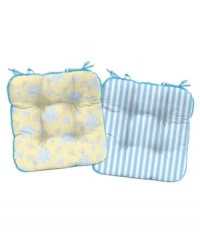 Make your dining area happy and bright with cushy Berkely Sunshine chair pads, featuring durable polyester with classic florals and stripes of blue and white. Make your dining area happy and bright with cushy Berkely Sunshine chair pads, featuring durable polyester with classic florals and stripes of blue and white.