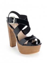THE LOOKDouble crisscross-front patent leather upperOpen toeAdjustable ankle strapPadded insoleStacked heel, 5¼ (130mm)Stacked platform, 1¾ (45mm)Compares to a 3½ heel (90mm)THE MATERIALPatent leather upperLeather lining and soleORIGINImported THE LOOKDouble crisscross-front patent leather upperOpen toeAdjustable ankle strapPadded insoleStacked heel, 5¼ (130mm)Stacked platform, 1¾ (45mm)Compares to a 3½ heel (90mm)THE MATERIALPatent leather upperLeather lining and soleORIGINImported