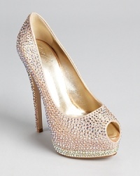Studded in sparkling Swarovski crystals, these Giuseppe Zanotti peep toe pumps glitter with every move. Studded in sparkling Swarovski crystals, these Giuseppe Zanotti peep toe pumps glitter with every move.