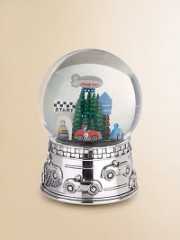 Cars revolve around a speedway beneath a flurry of shimmering glitter in this thoughtful keepsake piece for any child. Plays The Star Spandled Banner Silverplated metal/glass About 6½ high Wipe clean Imported Cars revolve around a speedway beneath a flurry of shimmering glitter in this thoughtful keepsake piece for any child. Plays The Star Spandled Banner Silverplated metal/glass About 6½ high Wipe clean Imported