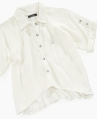 This mixed-fabric chiffon shirt from Baby Phat gets a jewel-button front and roll-tab details for a look that's sweet and simple. (Clearance) This mixed-fabric chiffon shirt from Baby Phat gets a jewel-button front and roll-tab details for a look that's sweet and simple. (Clearance)