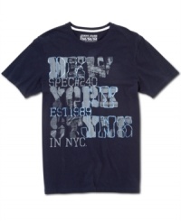 DKNY style inscribed over views of the NYC skyline. This soft cotton t-shirt from DKNY Jeans brings it all to compliment your casual street style. DKNY style inscribed over views of the NYC skyline. This soft cotton t-shirt from DKNY Jeans brings it all to compliment your casual street style.