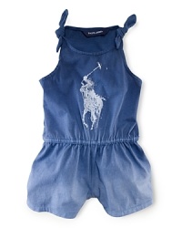 A sweet sleeveless romper in soft cotton jersey is truly adorable in an ombré hue accented with a printed polo pony. A sweet sleeveless romper in soft cotton jersey is truly adorable in an ombré hue accented with a printed polo pony.