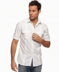 This crisp linen shirt from Alfani will be key to preserving your casual cool in the warm summer weather. This crisp linen shirt from Alfani will be key to preserving your casual cool in the warm summer weather.