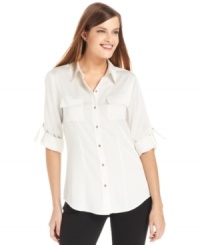 Calvin Klein's blouse is a classic silhouette that needs to be in your closet for everything from work to weekend wear! Calvin Klein's blouse is a classic silhouette that needs to be in your closet for everything from work to weekend wear!