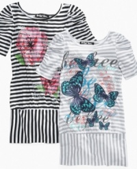 Long on style, these stripe tunics from Planet Gold, with floral or butterfly graphics on front, add a cute summery look to her weekly rotation. Long on style, these stripe tunics from Planet Gold, with floral or butterfly graphics on front, add a cute summery look to her weekly rotation.