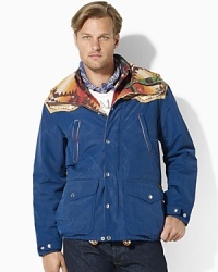 The rugged Mansfield jacket in durable cotton-nylon faille pays homage to the Great Outdoors with a Southwest-inspired design on distressed leather yokes. The rugged Mansfield jacket in durable cotton-nylon faille pays homage to the Great Outdoors with a Southwest-inspired design on distressed leather yokes.
