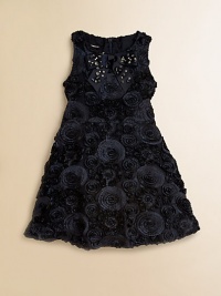 Tailored in shiny chiffon, a woven, sleeveless frock is beautifully complemented by rosettes, ruffles and a glitzy bow.ScoopneckSleevelessBack zipperFlat waistbandFully linedPolyesterDry cleanImported Tailored in shiny chiffon, a woven, sleeveless frock is beautifully complemented by rosettes, ruffles and a glitzy bow.ScoopneckSleevelessBack zipperFlat waistbandFully linedPolyesterDry cleanImported