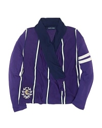 A stylish, season-spanning lightweight cardigan is crafted from soft cotton jersey with a draped open front, bold stripes and collegiate embroidery. A stylish, season-spanning lightweight cardigan is crafted from soft cotton jersey with a draped open front, bold stripes and collegiate embroidery.