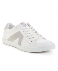 Set your style to cruise control with the never-fail fresh feel of these weekend-ready leather men's sneakers from GUESS?. Set your style to cruise control with the never-fail fresh feel of these weekend-ready leather men's sneakers from GUESS?.