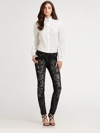 Crisp cotton poplin, embellished with delicate open-weave embroidery and ultra-feminine ruffled trim.Stand collarButton frontLong sleeves with button cuffsRuffled trimOpen-weave embroidery detailsAbout 26 from shoulder to hemCottonDry cleanMade in ItalyModel shown is 5'10 (177cm) wearing US size 4. Crisp cotton poplin, embellished with delicate open-weave embroidery and ultra-feminine ruffled trim.Stand collarButton frontLong sleeves with button cuffsRuffled trimOpen-weave embroidery detailsAbout 26 from shoulder to hemCottonDry cleanMade in ItalyModel shown is 5'10 (177cm) wearing US size 4.