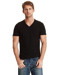V-neck slub jersey tee shirt with small snap pocket at neckline. V-neck slub jersey tee shirt with small snap pocket at neckline.